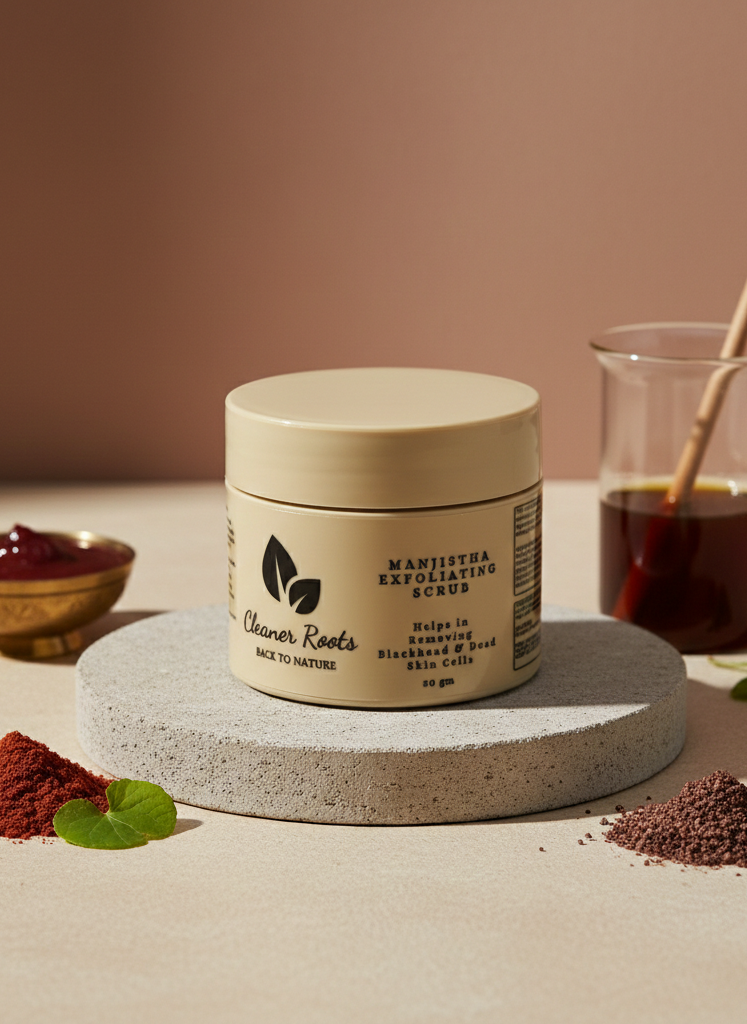 Jar of 'Cleaner Roots' product on a stone platform with ingredients and tools in the background.