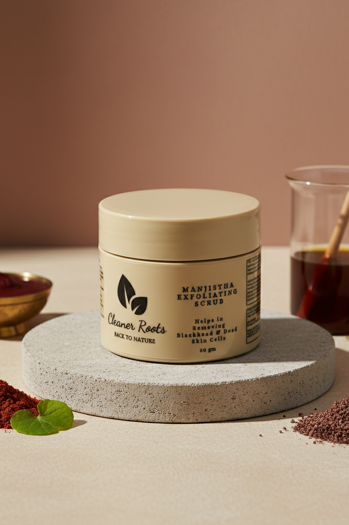 Jar of 'Cleaner Roots' product on a stone platform with ingredients and tools in the background.