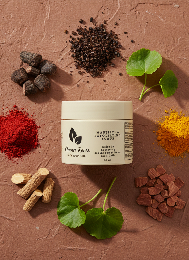 Manjistha Exfoliating Scrub container surrounded by natural ingredients on a brown textured background