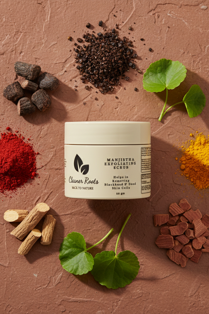 Manjistha Exfoliating Scrub container surrounded by natural ingredients on a brown textured background
