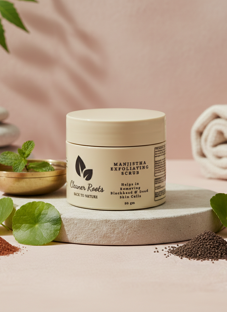 Cosmetic jar labeled 'Manjistha Exfoliating Scrub' by 'Cleaner Roots' on a pink background with natural elements.
