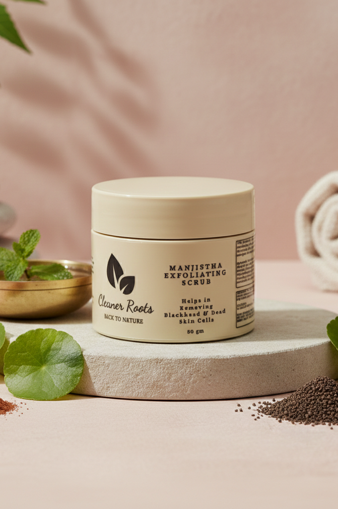 Cosmetic jar labeled 'Manjistha Exfoliating Scrub' by 'Cleaner Roots' on a pink background with natural elements.