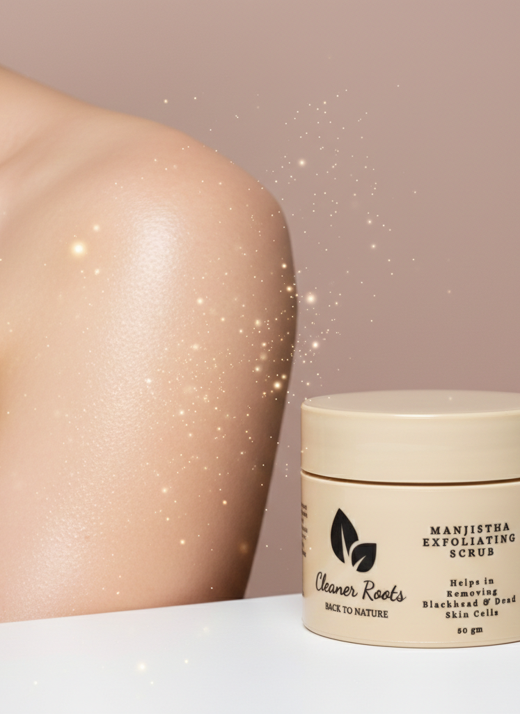 Jar of Cleaner Roots Manjistha Exfoliating Scrub next to a person with glowing skin on a light background