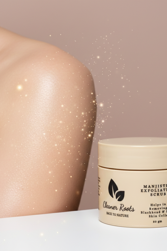 Jar of Cleaner Roots Manjistha Exfoliating Scrub next to a person with glowing skin on a light background