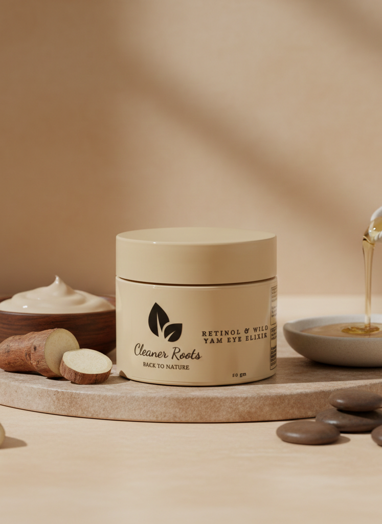 Cosmetic jar with 'Cleaner Roots' branding on a wooden board with natural ingredients.