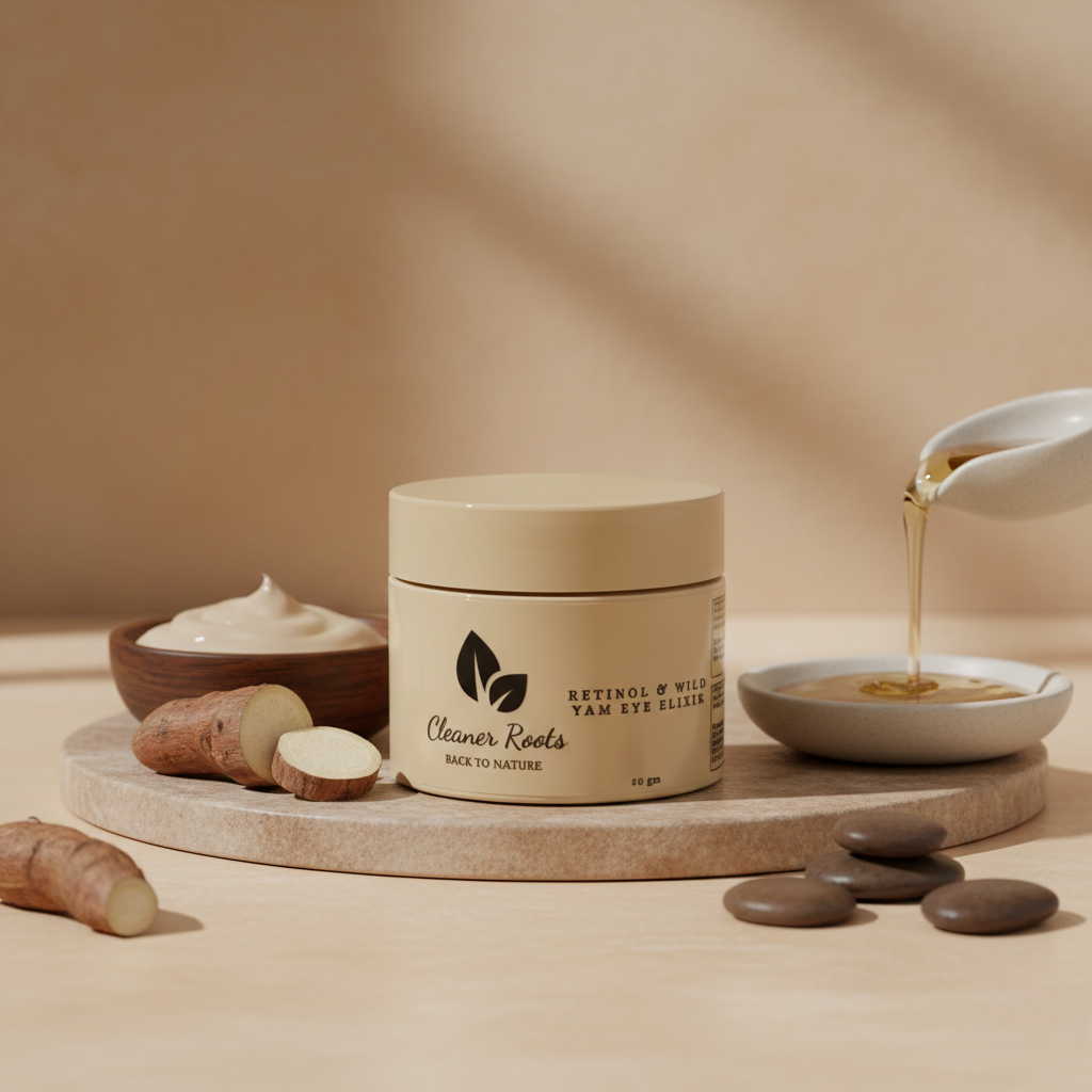 Cosmetic jar with 'Cleaner Roots' branding on a wooden board with natural ingredients.