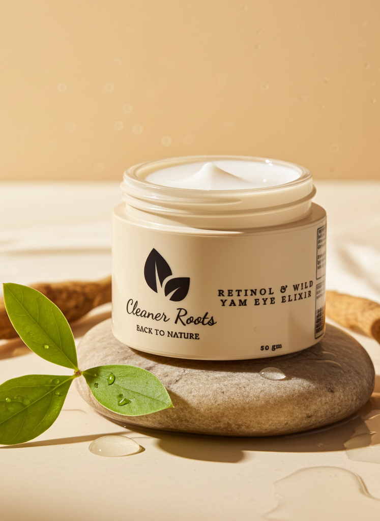 Jar of 'Cleaner Roots' eye elixir on a stone with leaves and a soft background