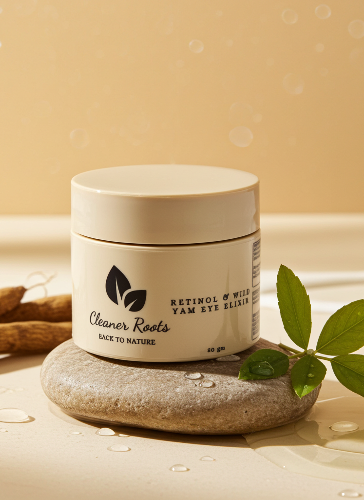 Cosmetic jar labeled 'Cleaner Roots' on a stone with leaves and a beige background