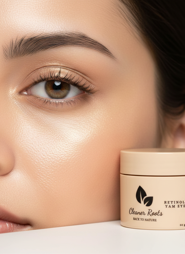 Close-up of a woman's face with a jar of 'Cleaner Roots' eye cream on a neutral background