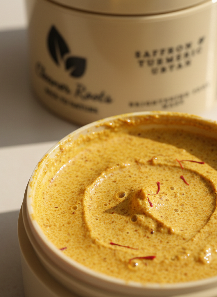 Close-up of a container of saffron turmeric cream with a blurred jar in the background.