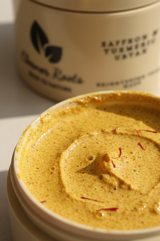 Close-up of a container of saffron turmeric cream with a blurred jar in the background.