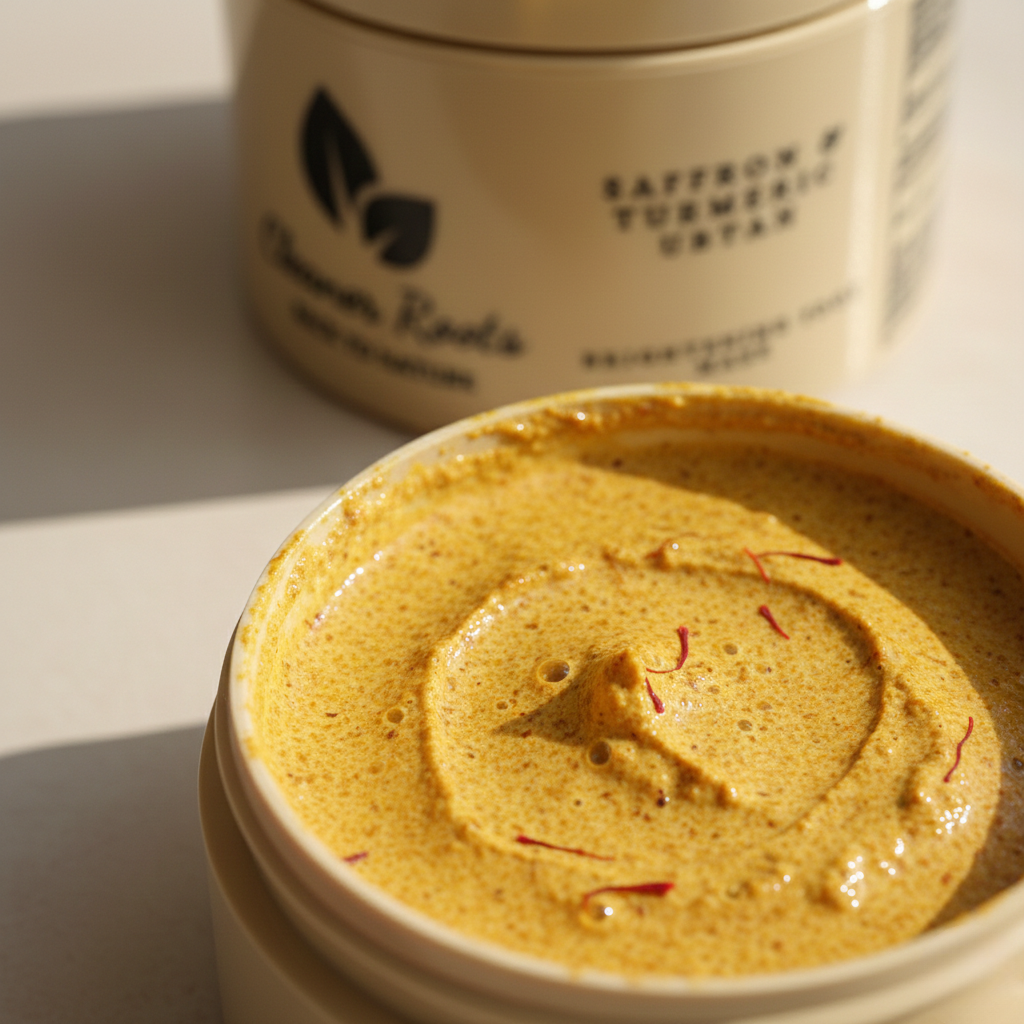 Close-up of a container of saffron turmeric cream with a blurred jar in the background.