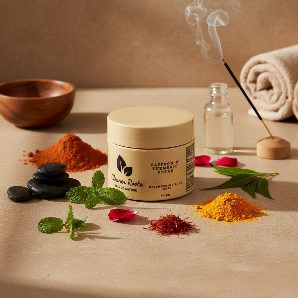 Cosmetic jar with natural ingredients on a neutral background