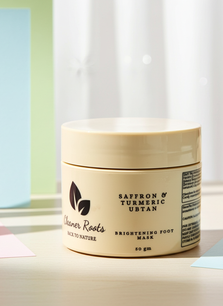 Jar of 'Cleaner Roots' saffron and turmeric uttan brightening foot mask on a neutral background