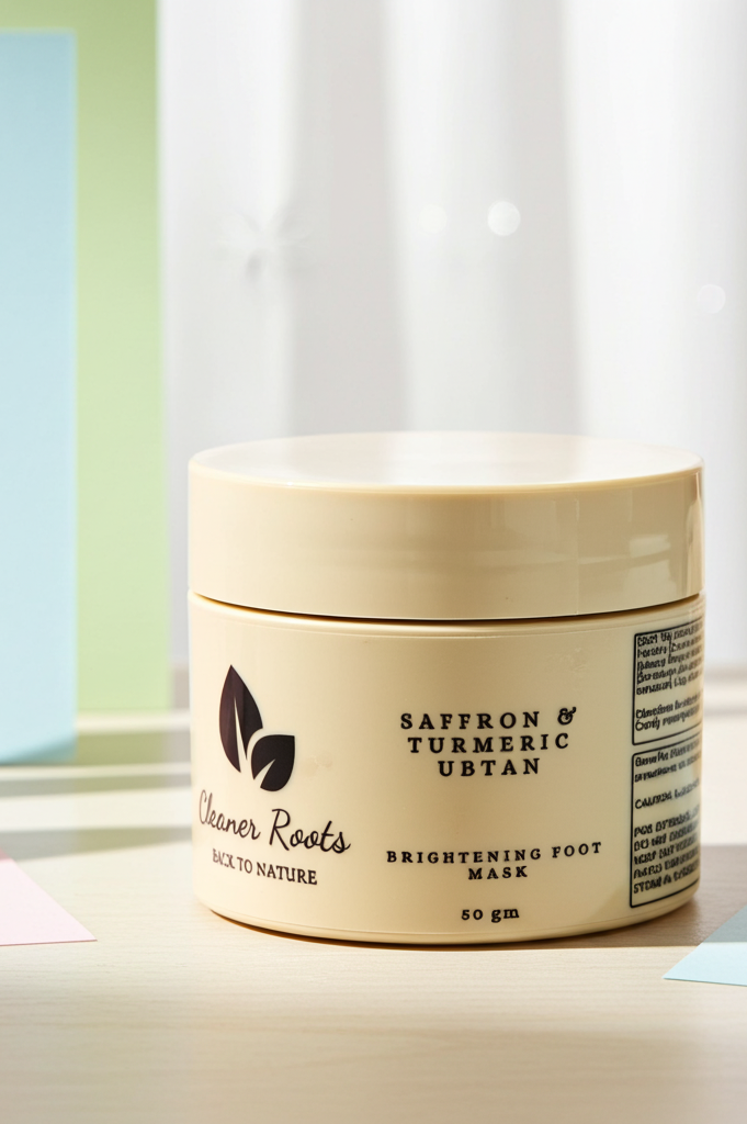 Jar of 'Cleaner Roots' saffron and turmeric uttan brightening foot mask on a neutral background
