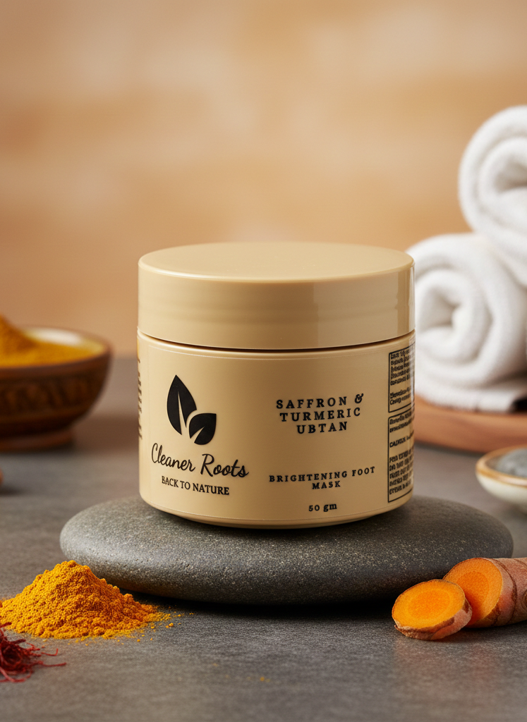 Jar of 'Cleaner Roots' foot mask with turmeric and saffron on a stone surface.
