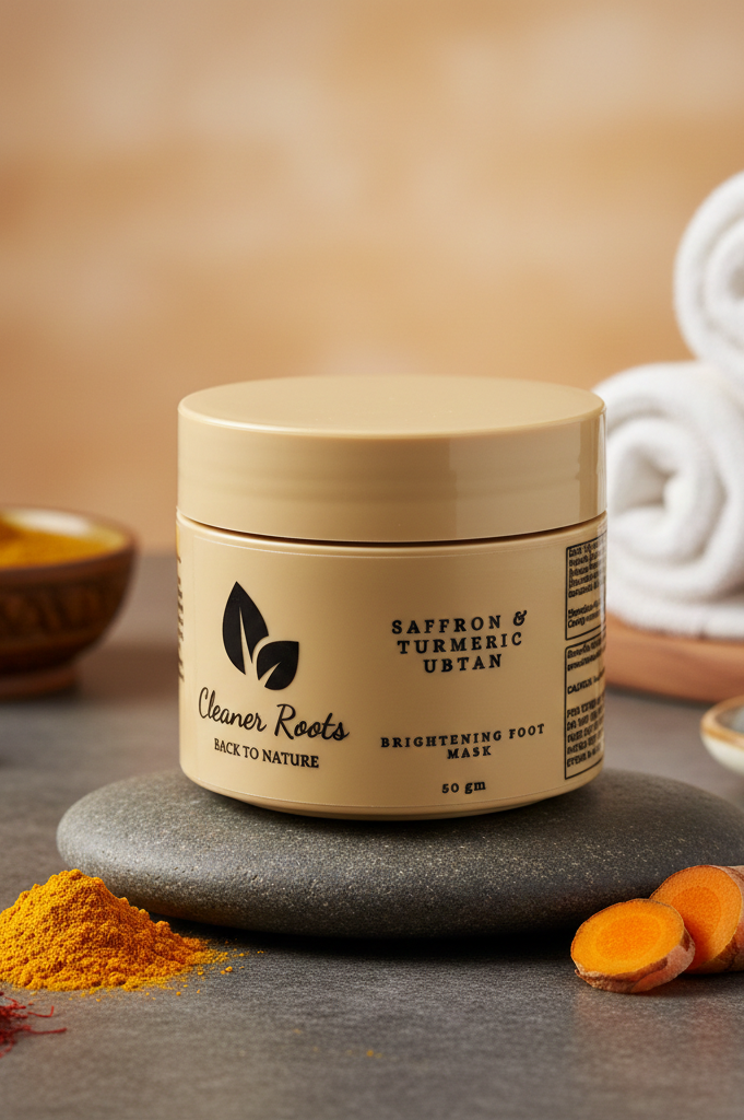 Jar of 'Cleaner Roots' foot mask with turmeric and saffron on a stone surface.