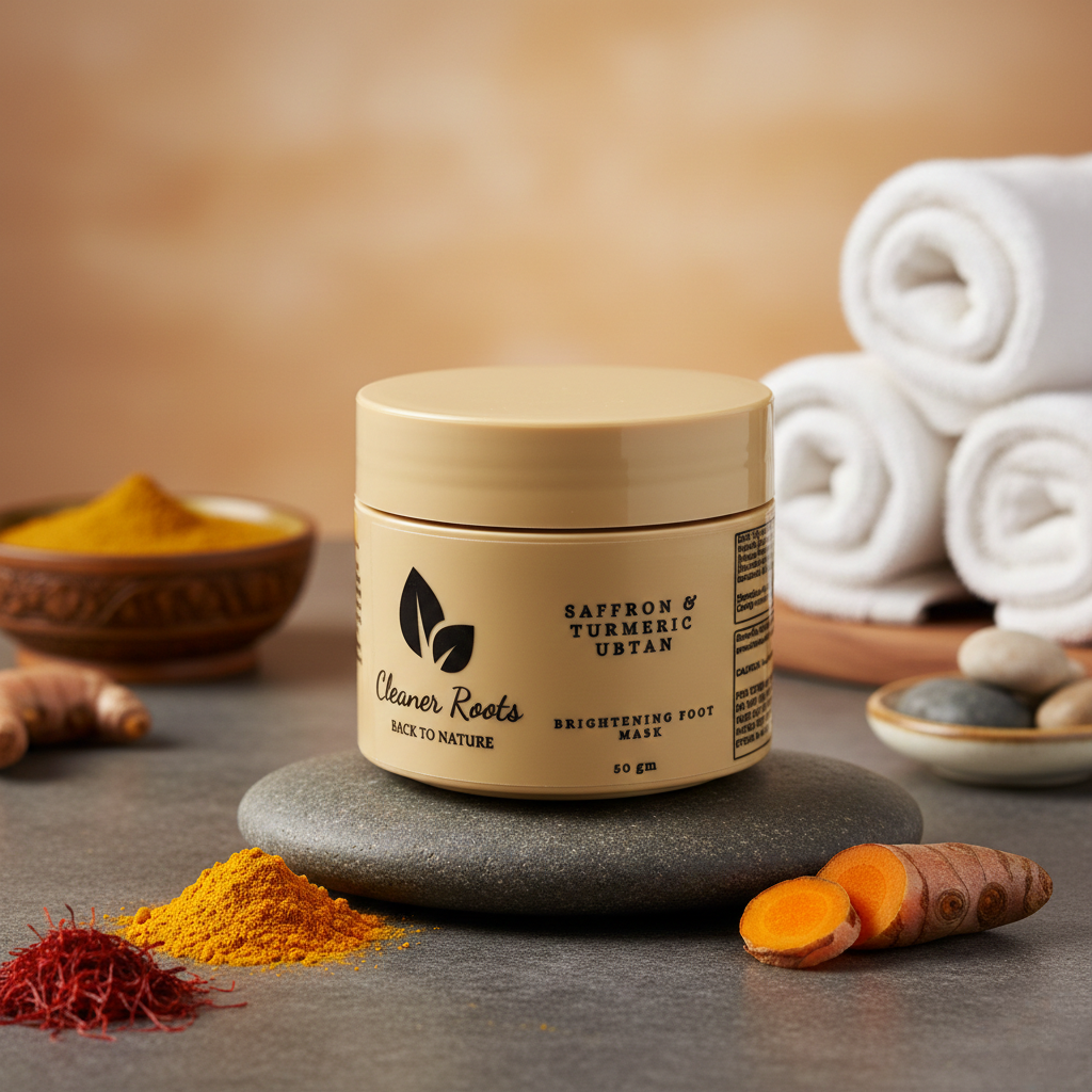 Jar of 'Cleaner Roots' foot mask with turmeric and saffron on a stone surface.