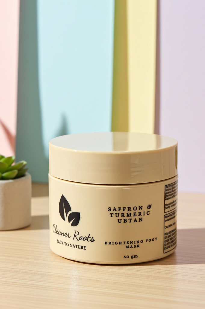 Beige jar with black text on a wooden surface with plants in the background