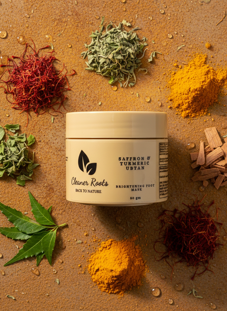 Jar of 'Cleaner Roots' product surrounded by saffron, turmeric, and other herbs on a textured surface.