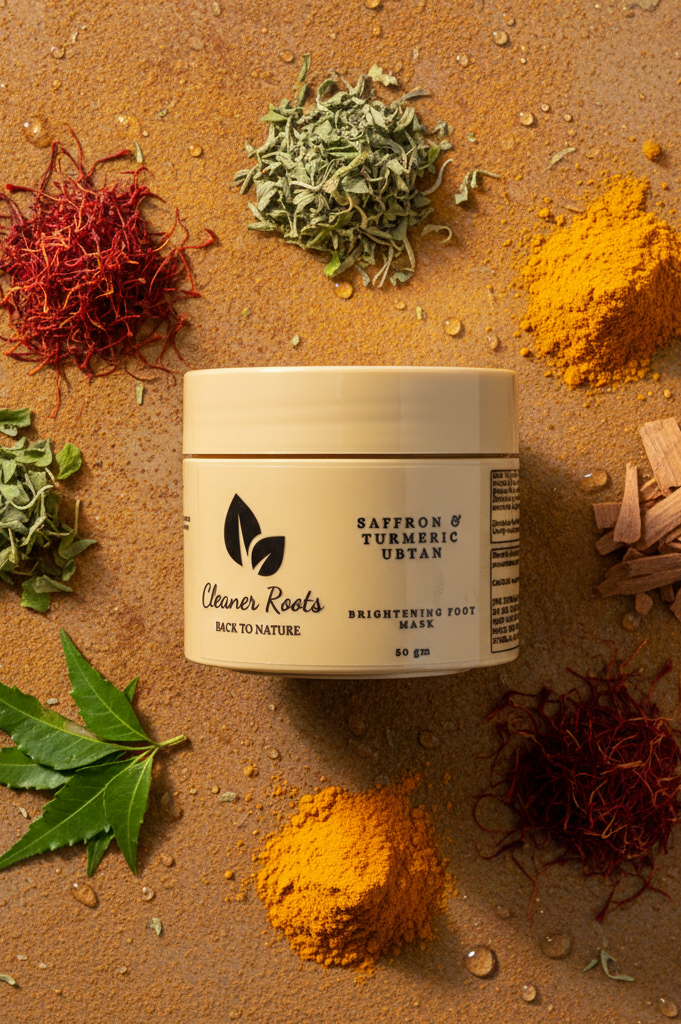 Jar of 'Cleaner Roots' product surrounded by saffron, turmeric, and other herbs on a textured surface.