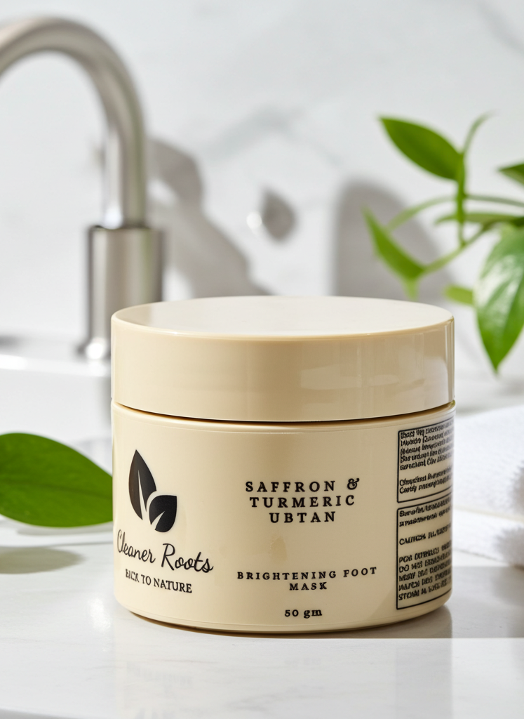 Jar of 'Saffron & Turmeric Ubtan' foot mask on a bathroom counter with a plant and towel in the background.