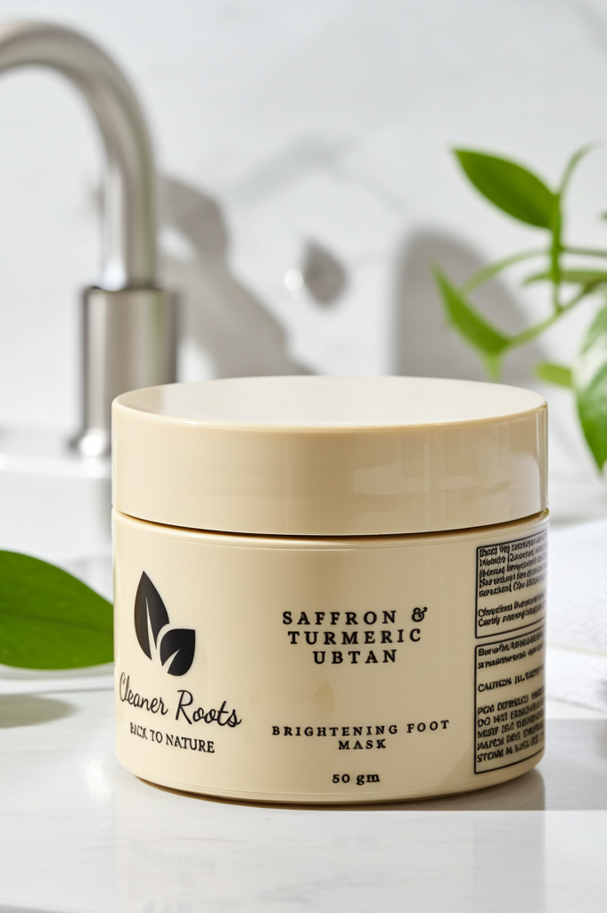 Jar of 'Saffron & Turmeric Ubtan' foot mask on a bathroom counter with a plant and towel in the background.