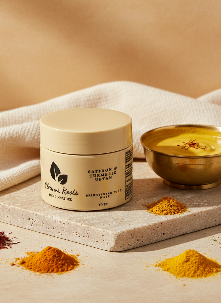 Jar of 'Cleaner Roots' product with saffron, turmeric, and other ingredients on a beige background
