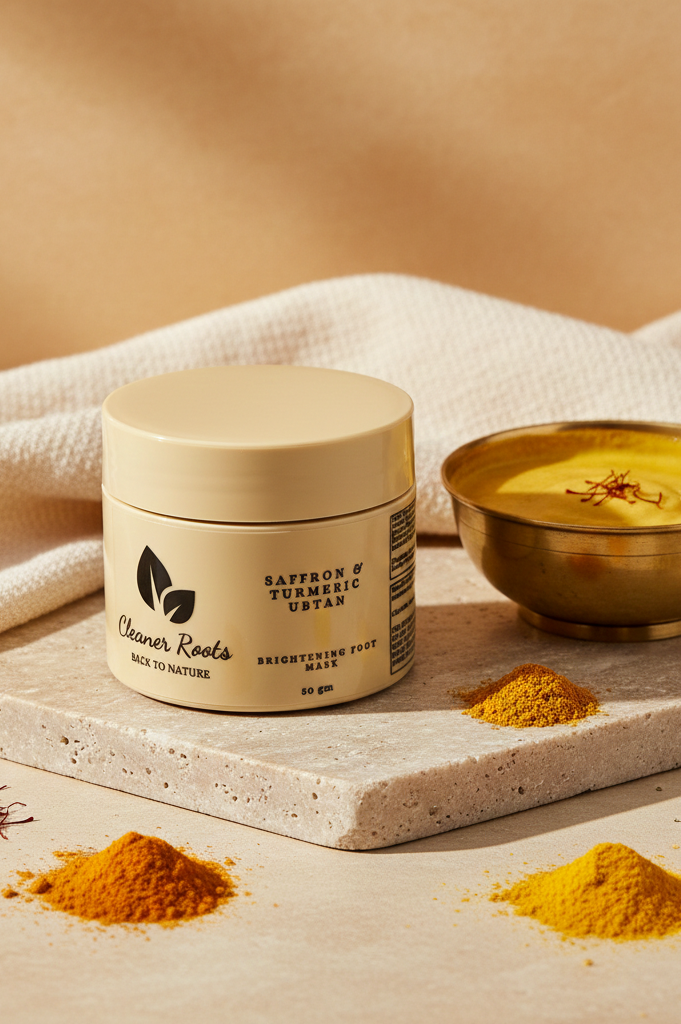 Jar of 'Cleaner Roots' product with saffron, turmeric, and other ingredients on a beige background