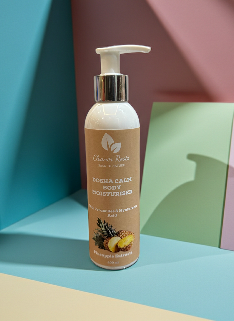 Body moisturizer bottle on a colorful geometric background