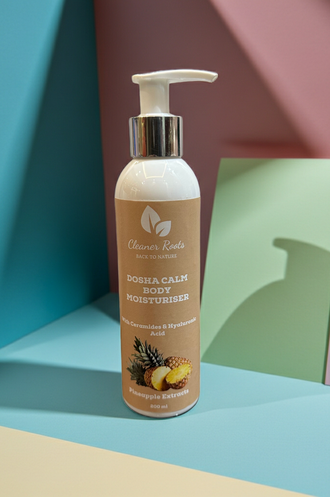 Body moisturizer bottle on a colorful geometric background