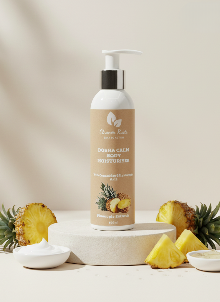 Body moisturizer bottle with pineapple slices and leaves on a neutral background