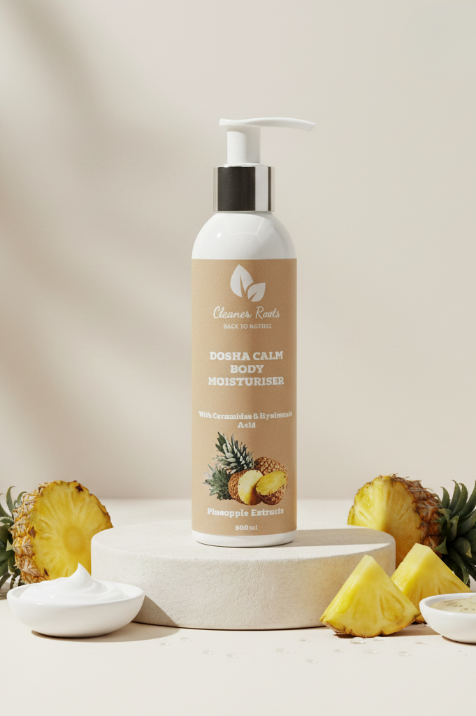 Body moisturizer bottle with pineapple slices and leaves on a neutral background