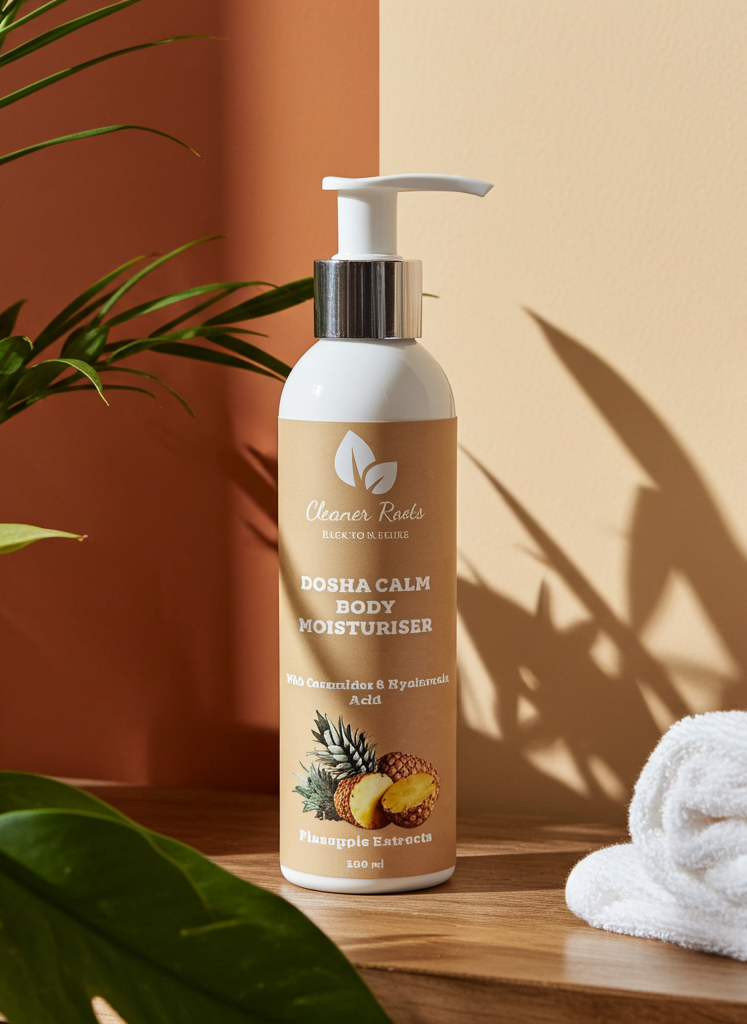 Body moisturizer bottle with a plant and towel on a wooden surface