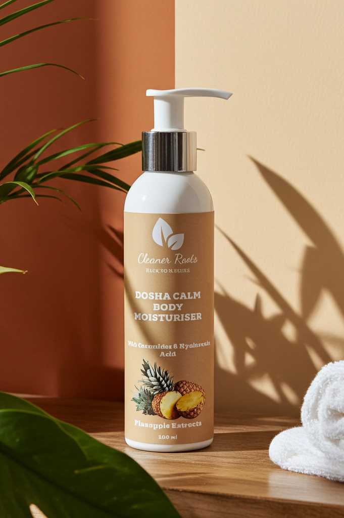 Body moisturizer bottle with a plant and towel on a wooden surface