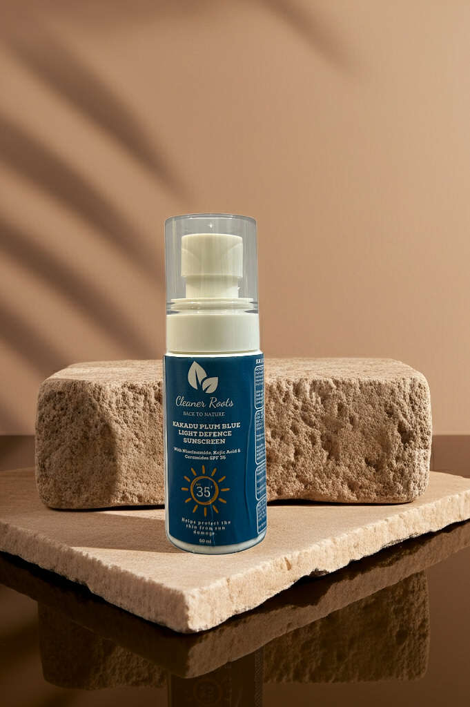 Skincare product with blue label on a stone surface against a brown background