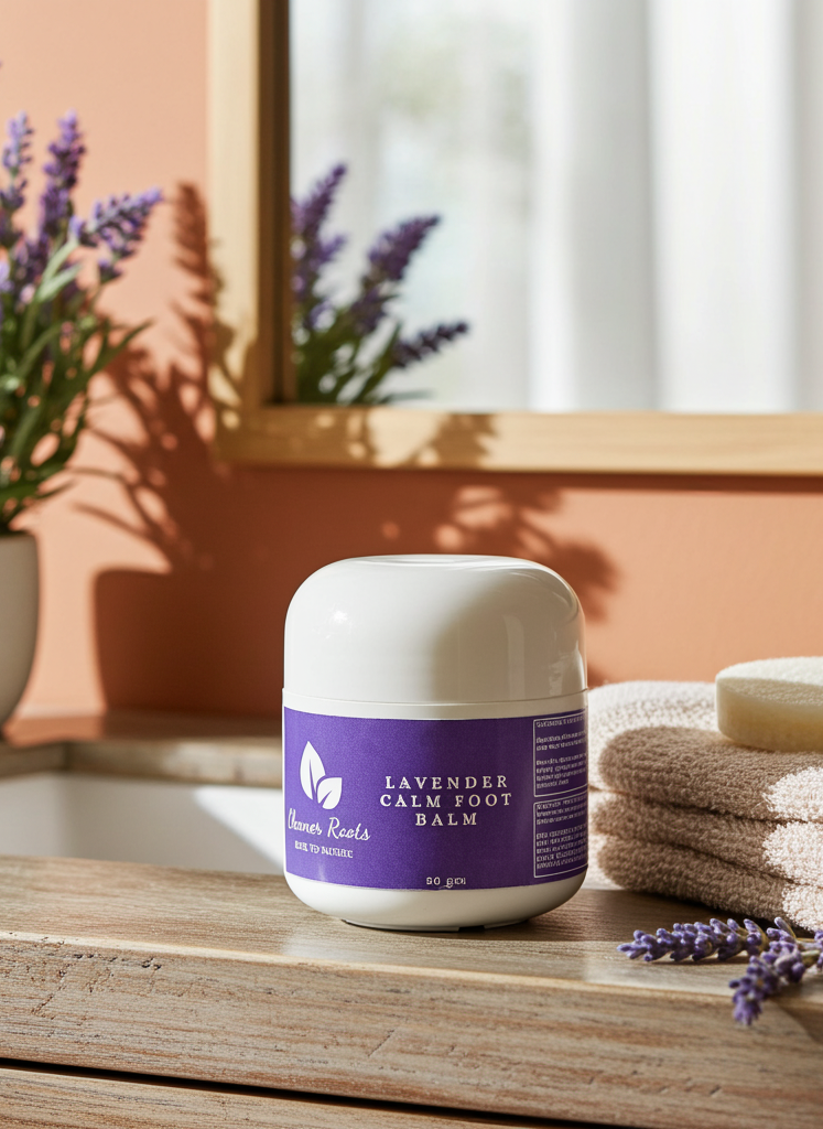 Lavender Calm Foot Balm with Towel and Plant Background