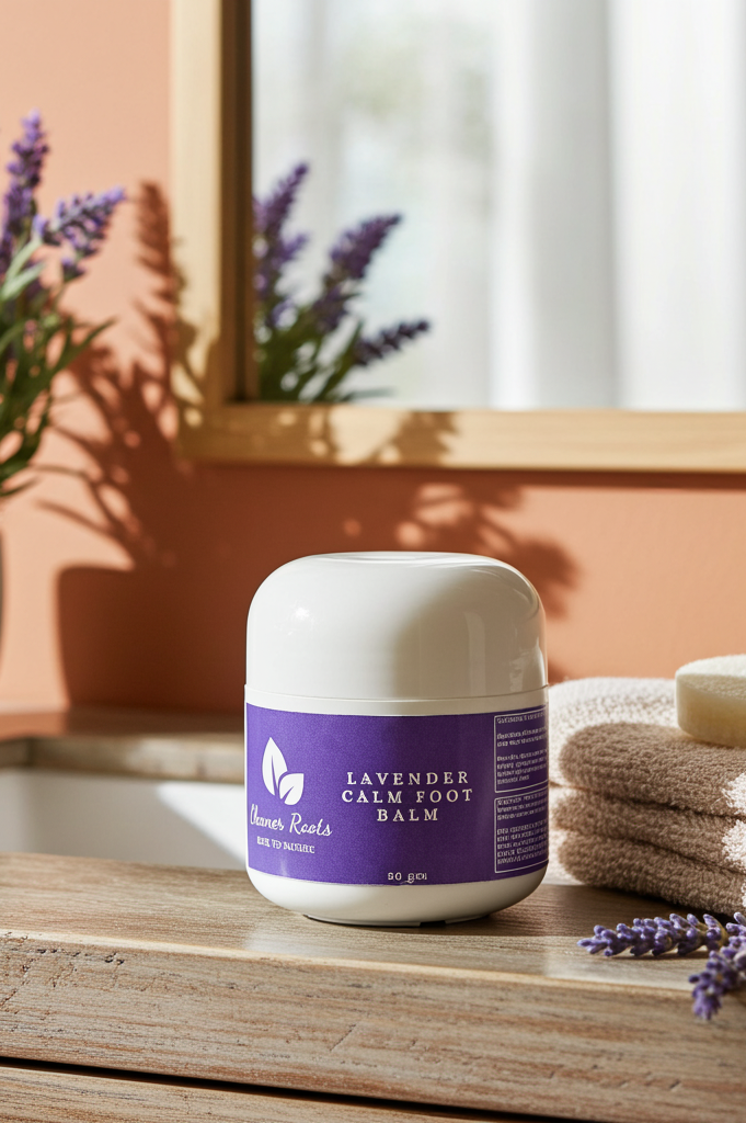 Lavender Calm Foot Balm with Towel and Plant Background