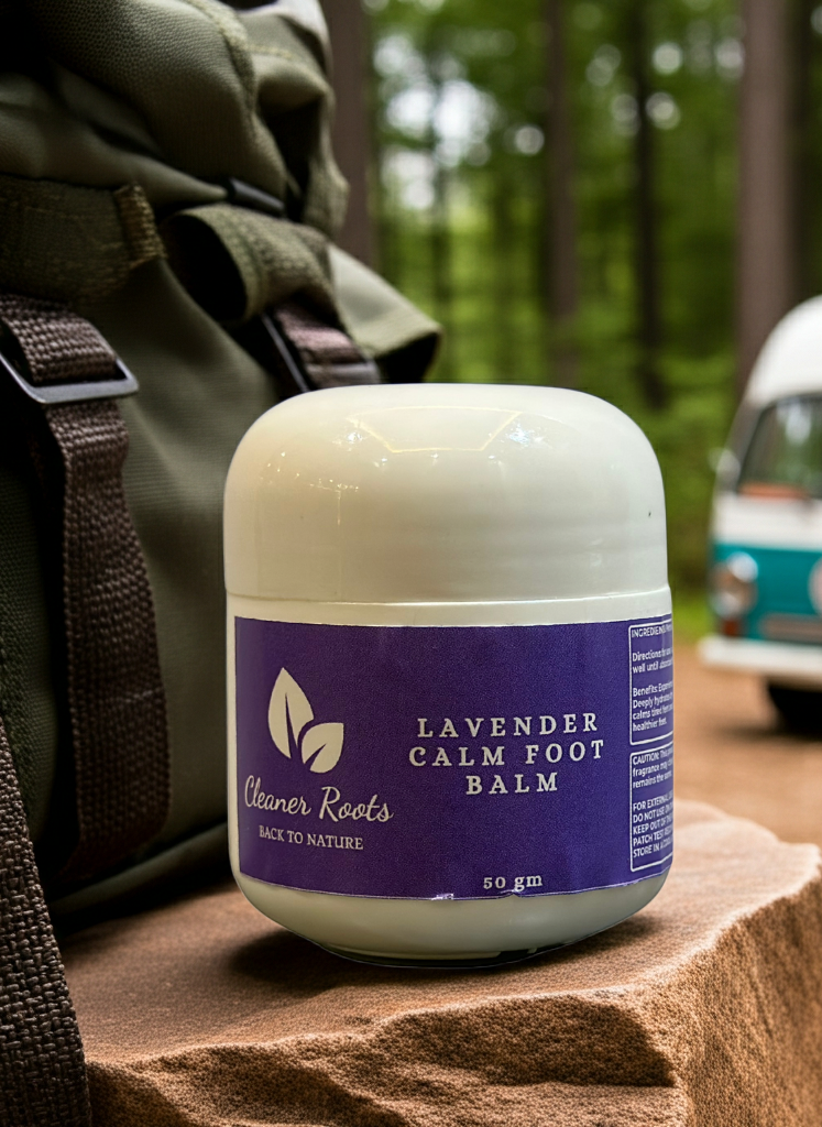 lavender Calm Foot Balm Camping Background with Vand and Bag