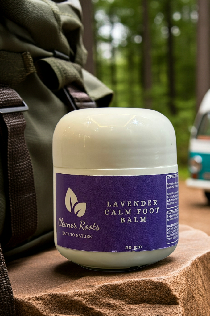 lavender Calm Foot Balm Camping Background with Vand and Bag