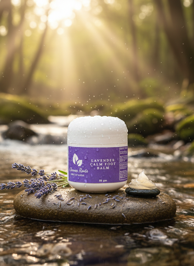 Lavender Calm Foot Balm Forest Background with River