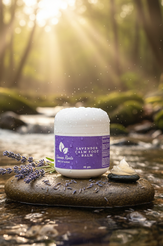 Lavender Calm Foot Balm Forest Background with River