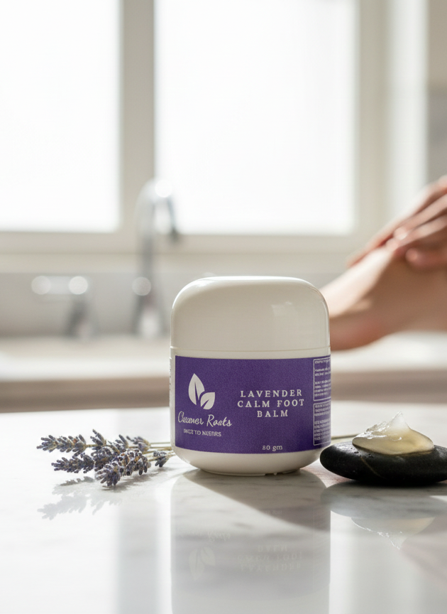 Lavender Calm Foot Balm with Lady Feet Background on Marble Top with lavender flower and stone