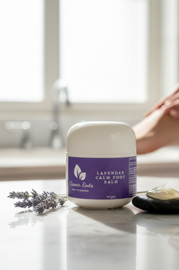 Lavender Calm Foot Balm with Lady Feet Background on Marble Top with lavender flower and stone
