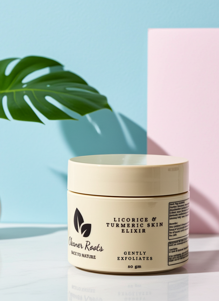 Jar of Licorice & Turmeric Skin Elixir with a plant and pink block in the background