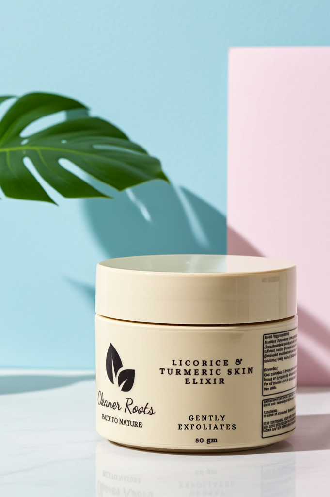 Jar of Licorice & Turmeric Skin Elixir with a plant and pink block in the background