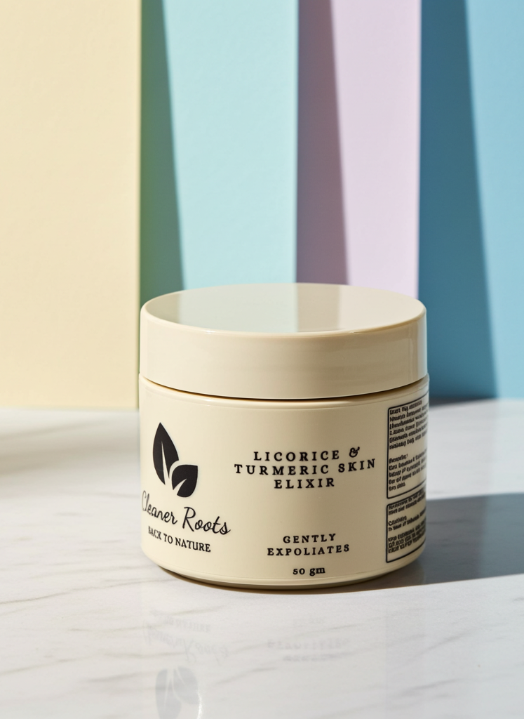 Jar of 'Licorice & Turmeric Skin Elixir' on a light surface with pastel-colored background