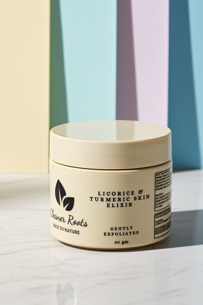 Jar of 'Licorice & Turmeric Skin Elixir' on a light surface with pastel-colored background