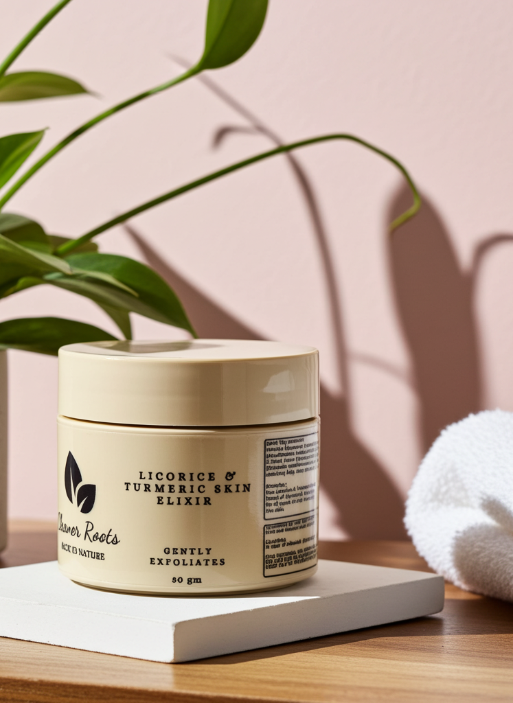 Jar of skincare product on a wooden surface with a plant and towel in the background