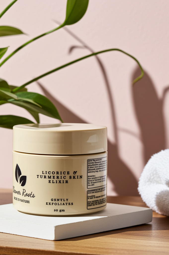 Jar of skincare product on a wooden surface with a plant and towel in the background